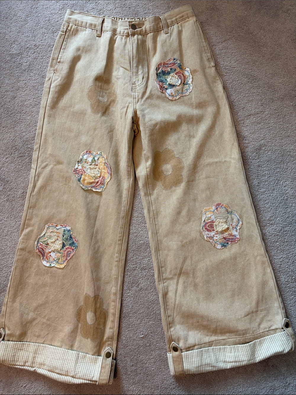 POL - Women’s Tan Floral Patch Corduroy Pants